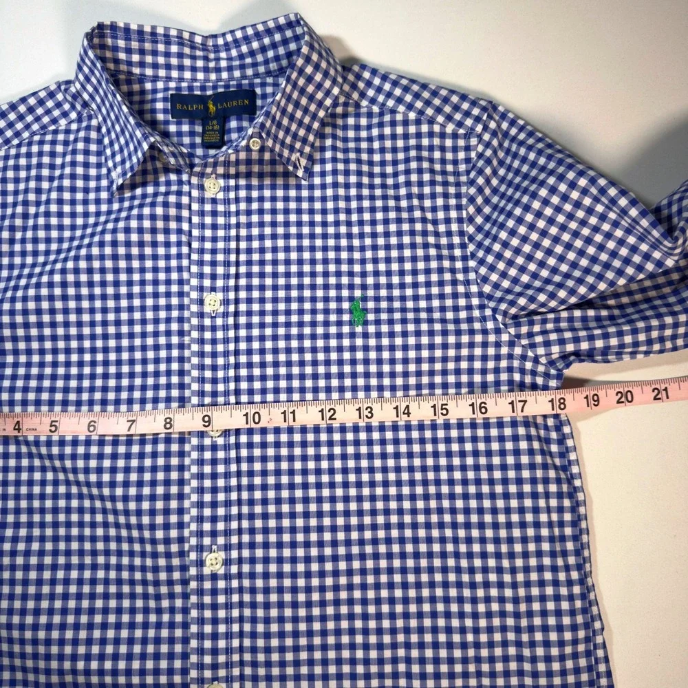 Ralph Lauren Button Down Shirt Boys L 14-16 Blue Gingham Excellent Long Sleeve
